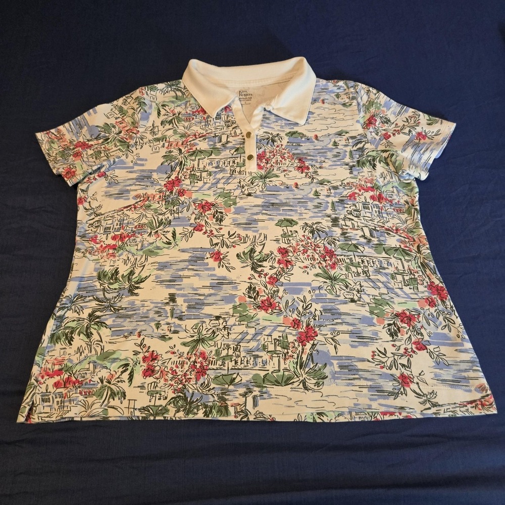 Kim Rogers Shirt Womens Large Multicolor Print 100% Cotton Polo Vacation Travel